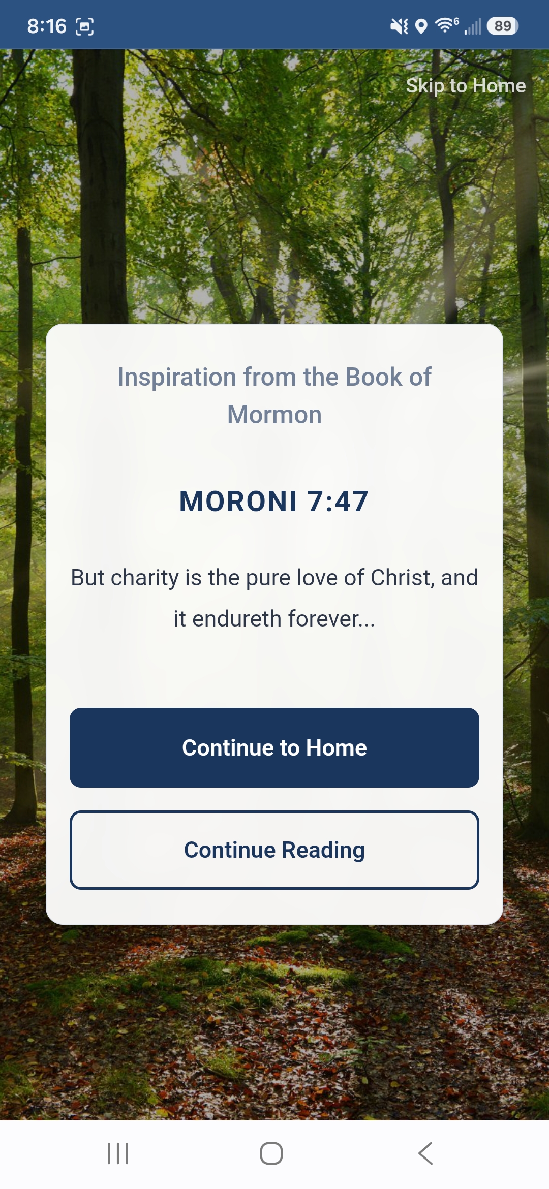 MyBOM inspiration screen with a verse from Moroni 7:47